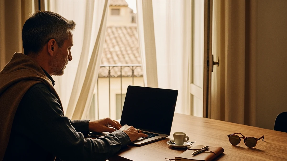 An entrepreneur at a wooden desk by an open Mediterranean balcony, working on a laptop in soft morning light