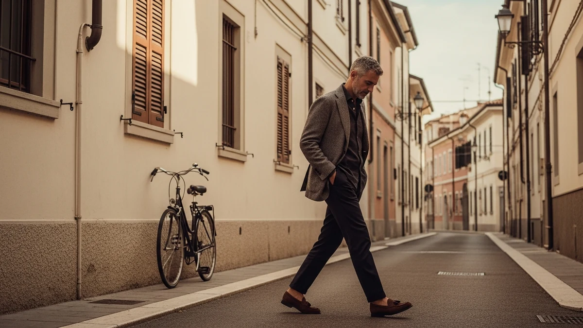 An entrepreneur walking alone down a quiet Rimini residential street, hands in pockets, Mediterranean morning calm
