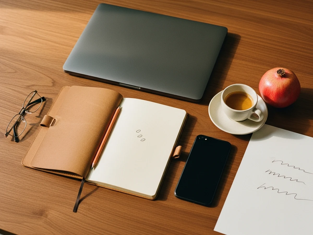 Top-down view of a personal workspace: a closed laptop, a leather notebook with a pencil, a half-full espresso cup, a pomegranate