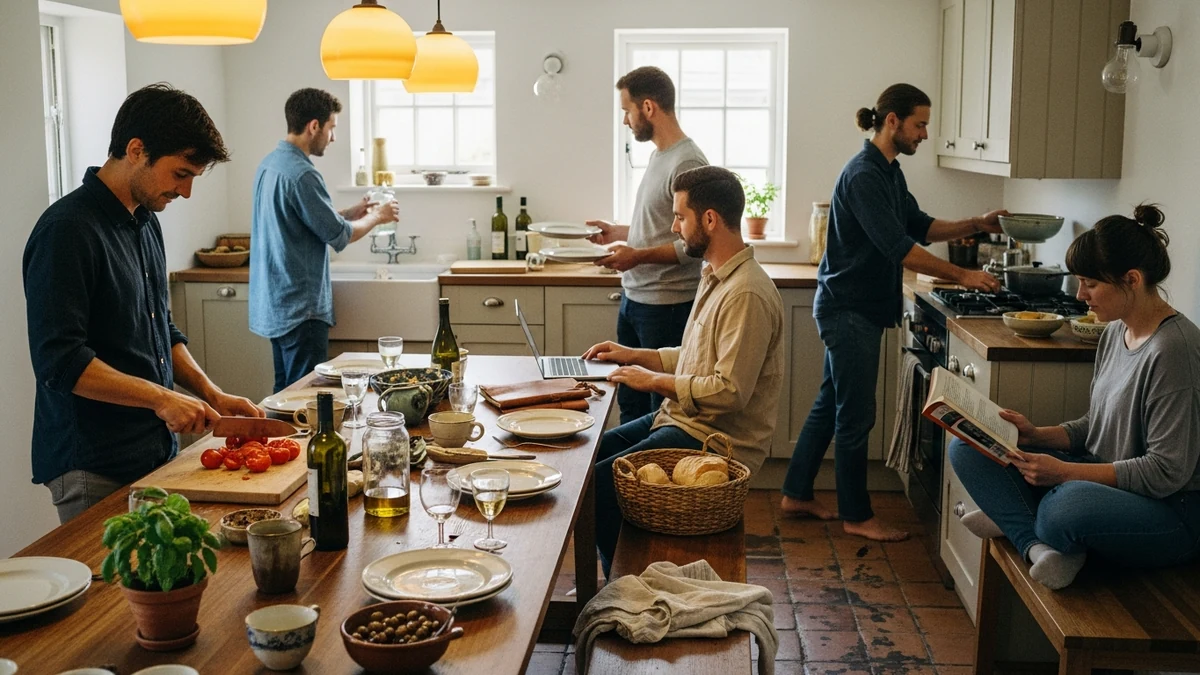 A warm CoLiving common kitchen at evening: six adults in mid-action across a long wooden table — chopping, working, reading, cooking