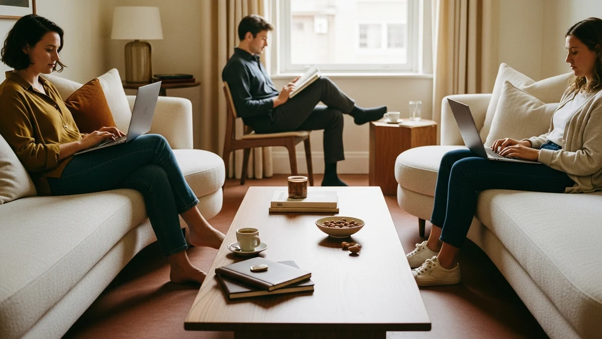 A warm shared CoLiving lounge in afternoon light: residents working quietly on laptops, one reading by a window — companionable silence