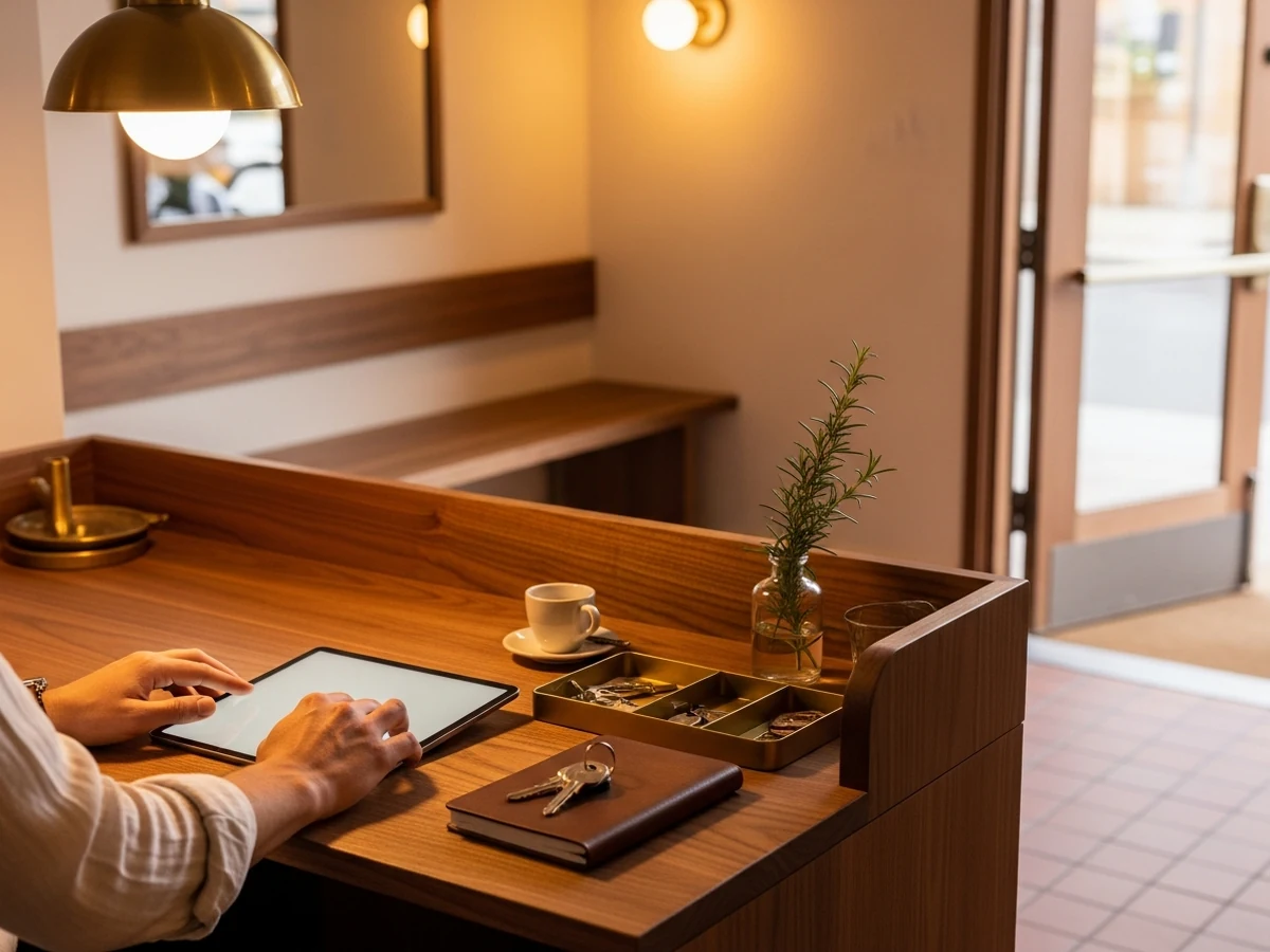 A hospitality operator's hands on a tablet at a small wooden reception desk in a warm boutique-residential lobby — the operational layer of CoLivingOne made visible