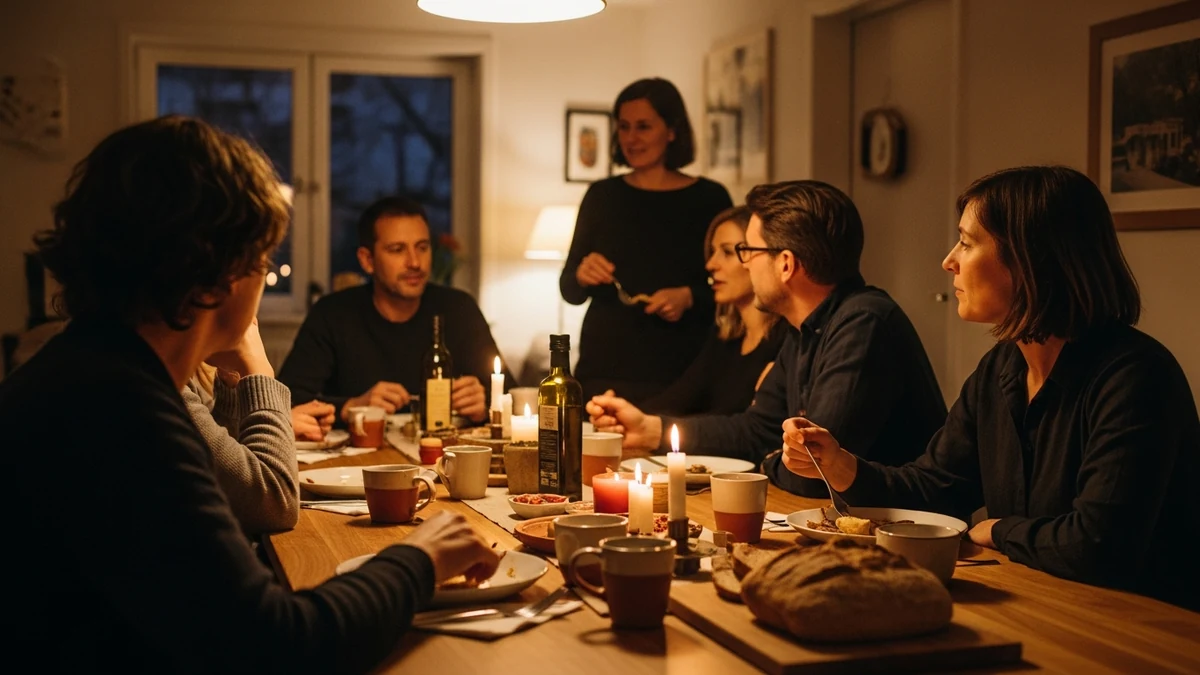 A long walnut communal table at evening, six adults mid-meal in candlelight, mismatched ceramics and rustic bread — a weekly anchor meal in a CoLiving common space