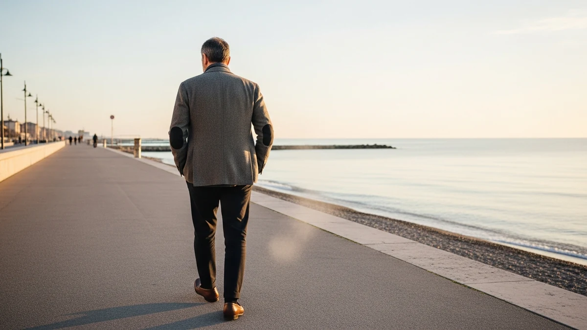 An entrepreneur walking alone on the empty Rimini seafront at first light in winter, photographed from behind — the off-season Adriatic, no tourists