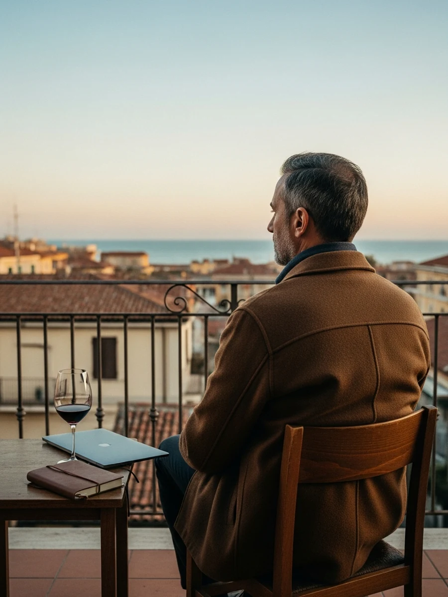 An entrepreneur on a residential terrace at dusk, glass of red wine on the table, laptop closed, looking out at the Adriatic horizon — the day is over, reflection begins