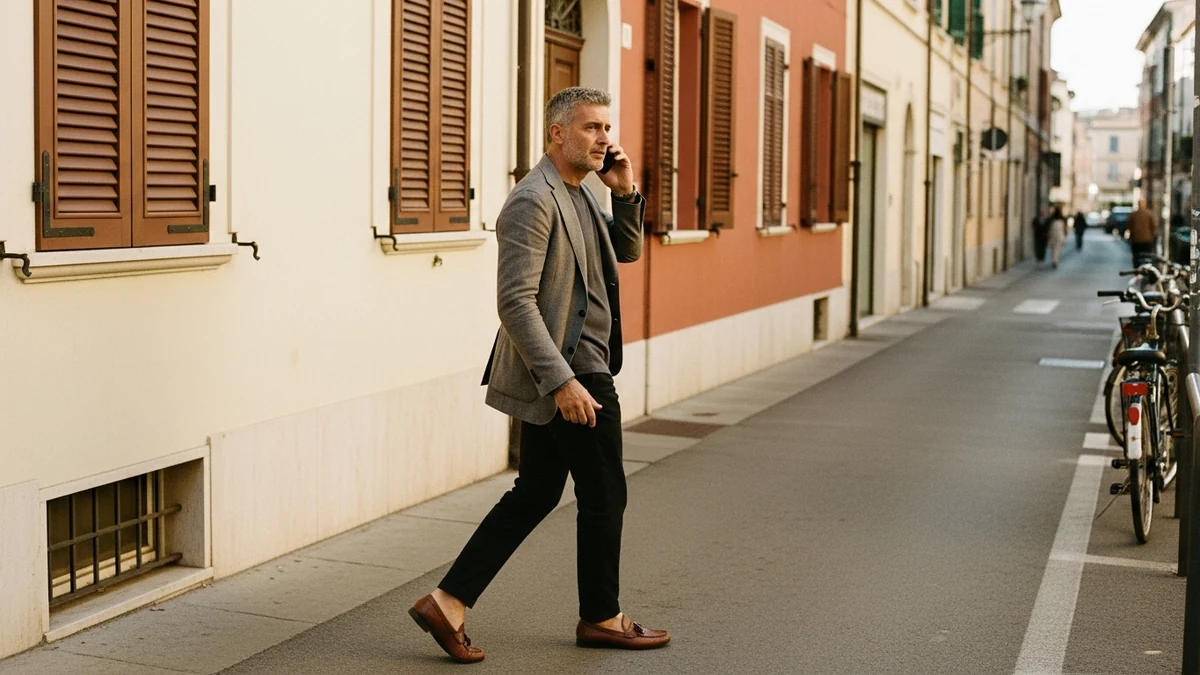 An entrepreneur walking through a sunlit Rimini city street at midday, phone to ear mid-call — operator on the move