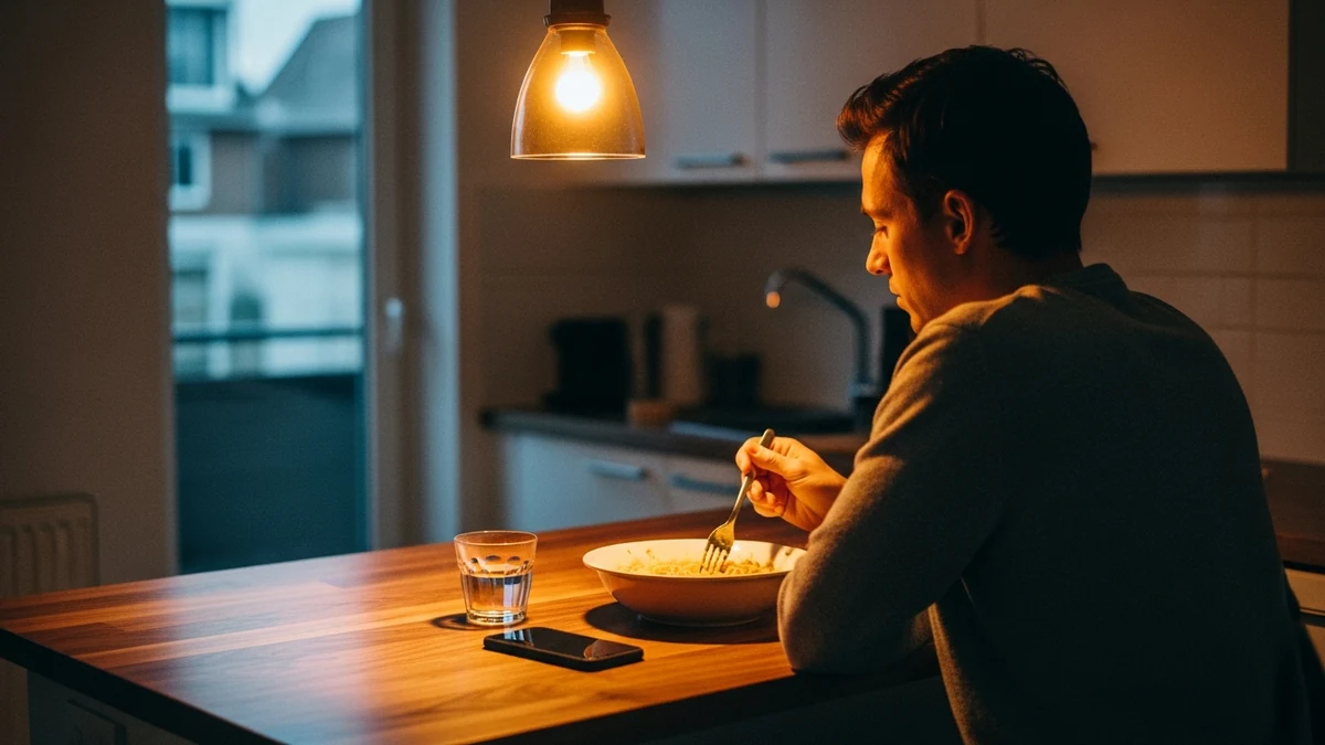 A single person at a softly lit kitchen island in the evening, a bowl of pasta and a phone face-down beside it — daily loneliness in a well-built apartment