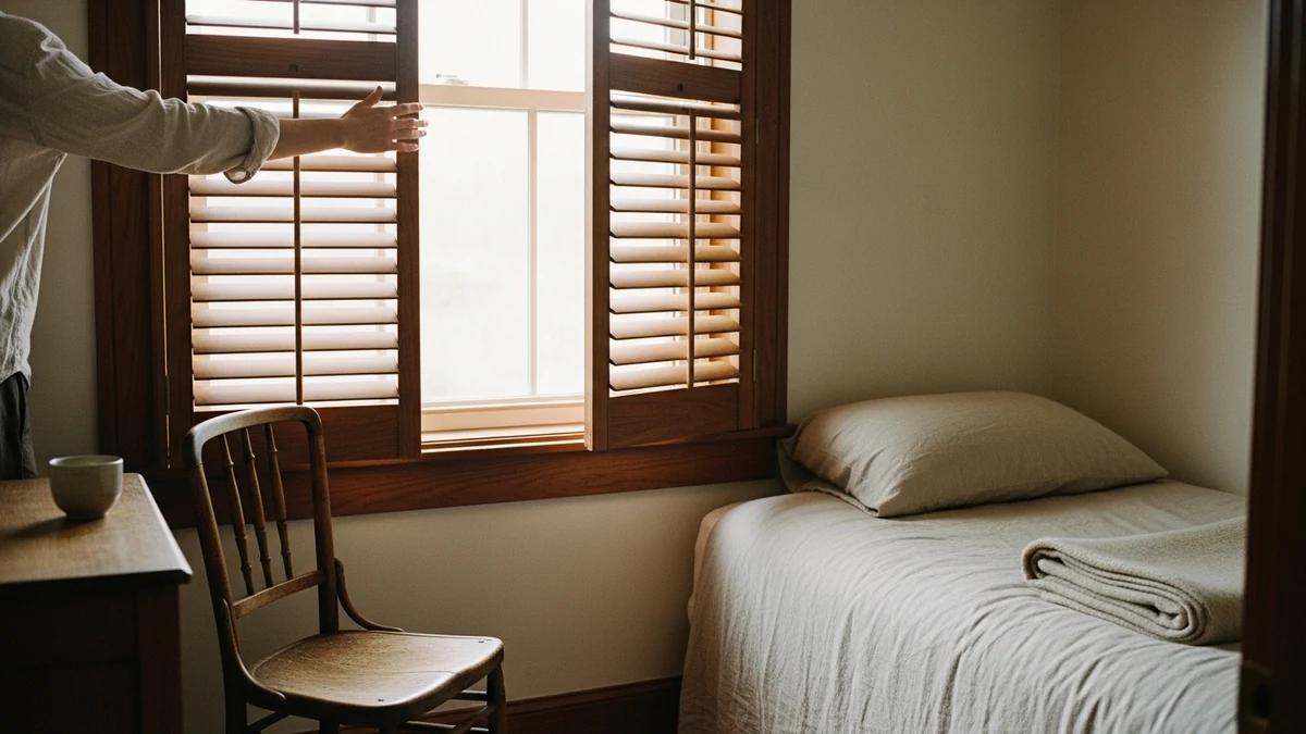 A hand opening wooden shutters in a small, modest, well-made residential bedroom in the morning — daily dignity through restraint