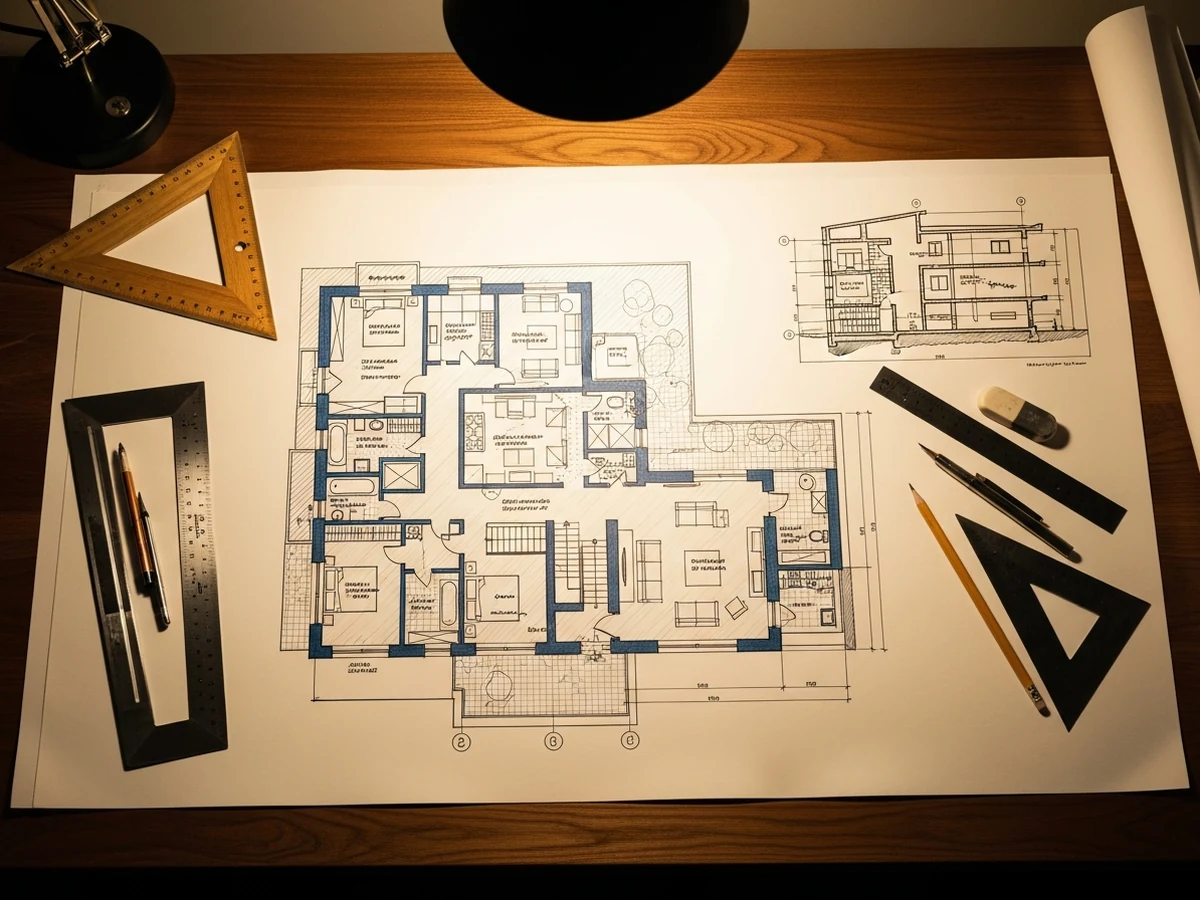 Top-down view of an architect's drafting desk: a large hand-drawn residential floor plan in dark-blue ink, drafting tools beside it — the planning layer of housing as infrastructure