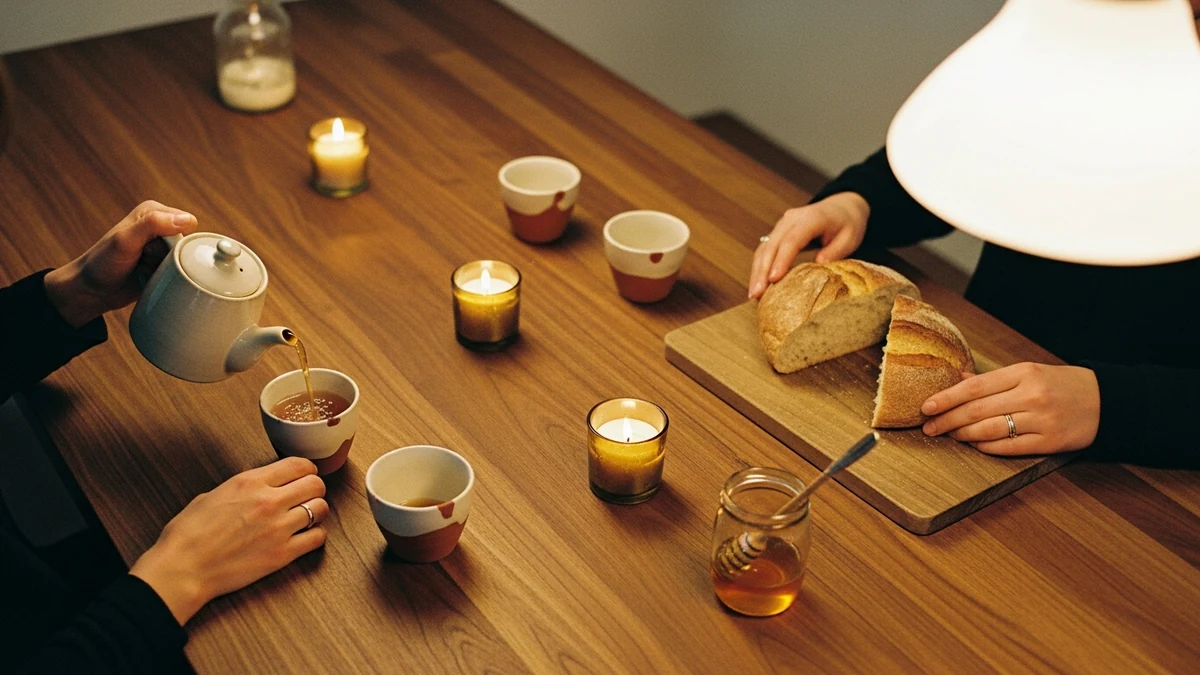 Hands pouring tea into a terracotta cup at a long candlelit communal table, half-cut bread on a wooden board — the community half of what a room cannot deliver alone