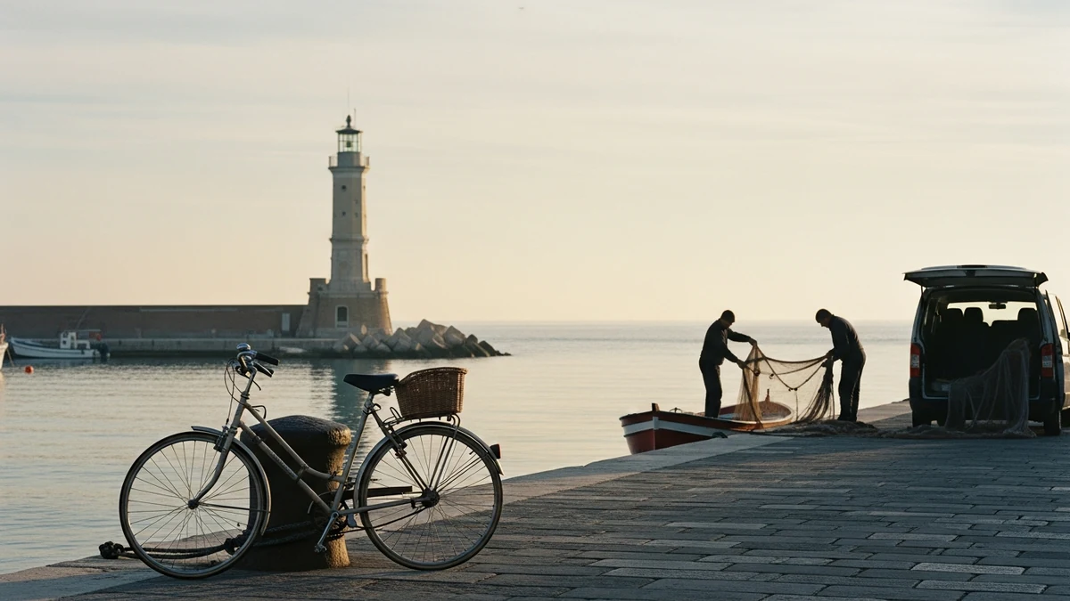 Rimini harbour at first winter light: pale lighthouse, working bicycle in the foreground, two distant fishermen unloading nets — the off-season working Italy