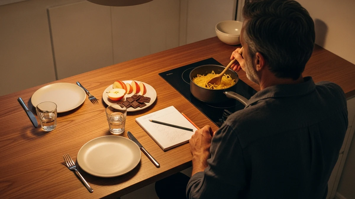 A man cooking pasta alone at a kitchen island in the evening, two empty place settings nearby — a non-traditional household made visible without sentimentality