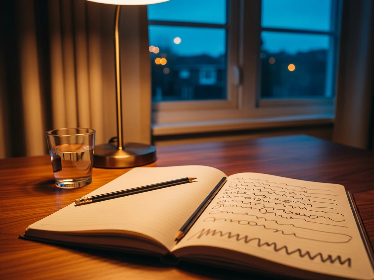 An open hand-bound notebook on a warm wooden desk, ten lines of pencil writing across a cream page, a single small lamp lit beside — the discipline of writing the founder sentence down